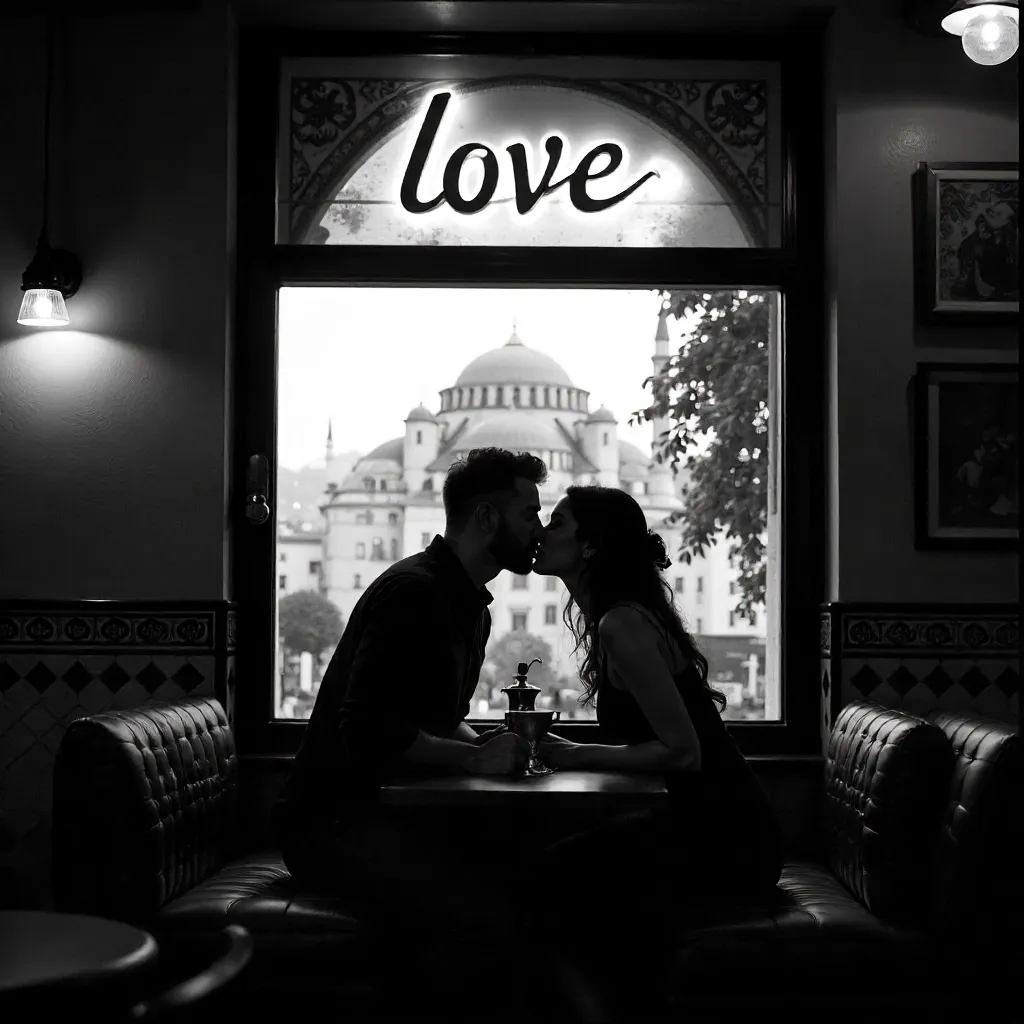 Love Sign Kiss in an Istanbul Café (B&W)