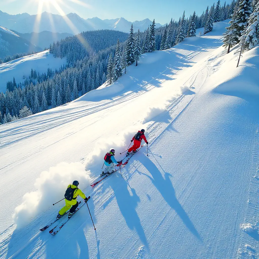 Aerial Skiers Casting Long Shadows on Snowy Slope
