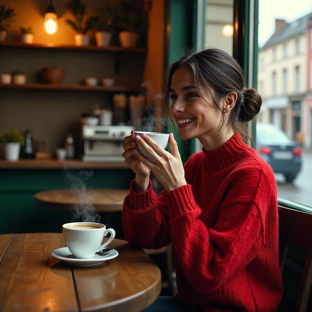 Red-Sweater Moment at a Cozy Valenciennes Café