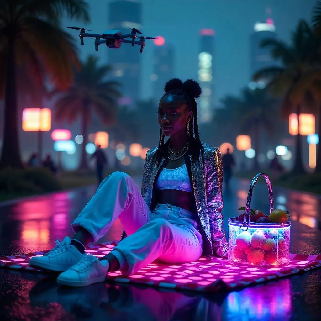Neon Picnic in a Cyberpunk Park