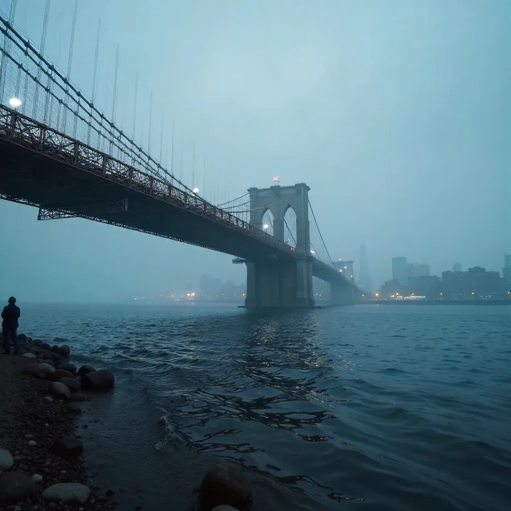 Moody Brooklyn Bridge in Fog over NYC Skyline