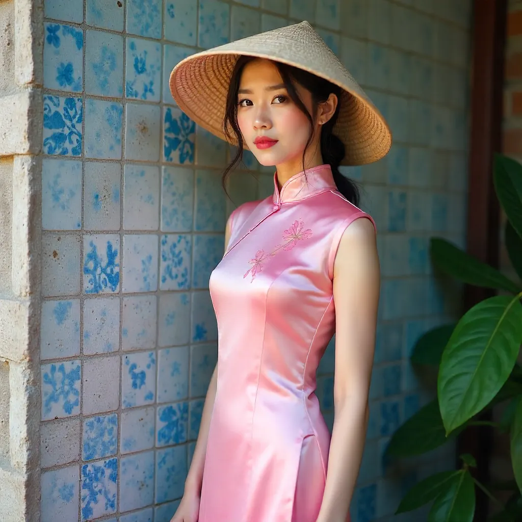 Pink Ao Dai by a Tiled Wall