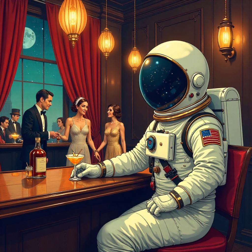 Cartoon Astronaut in a 1920s Speakeasy Night