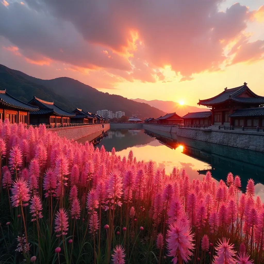Sunset Over Gyeongju: Pink Muhly Grass and Hanok Architecture