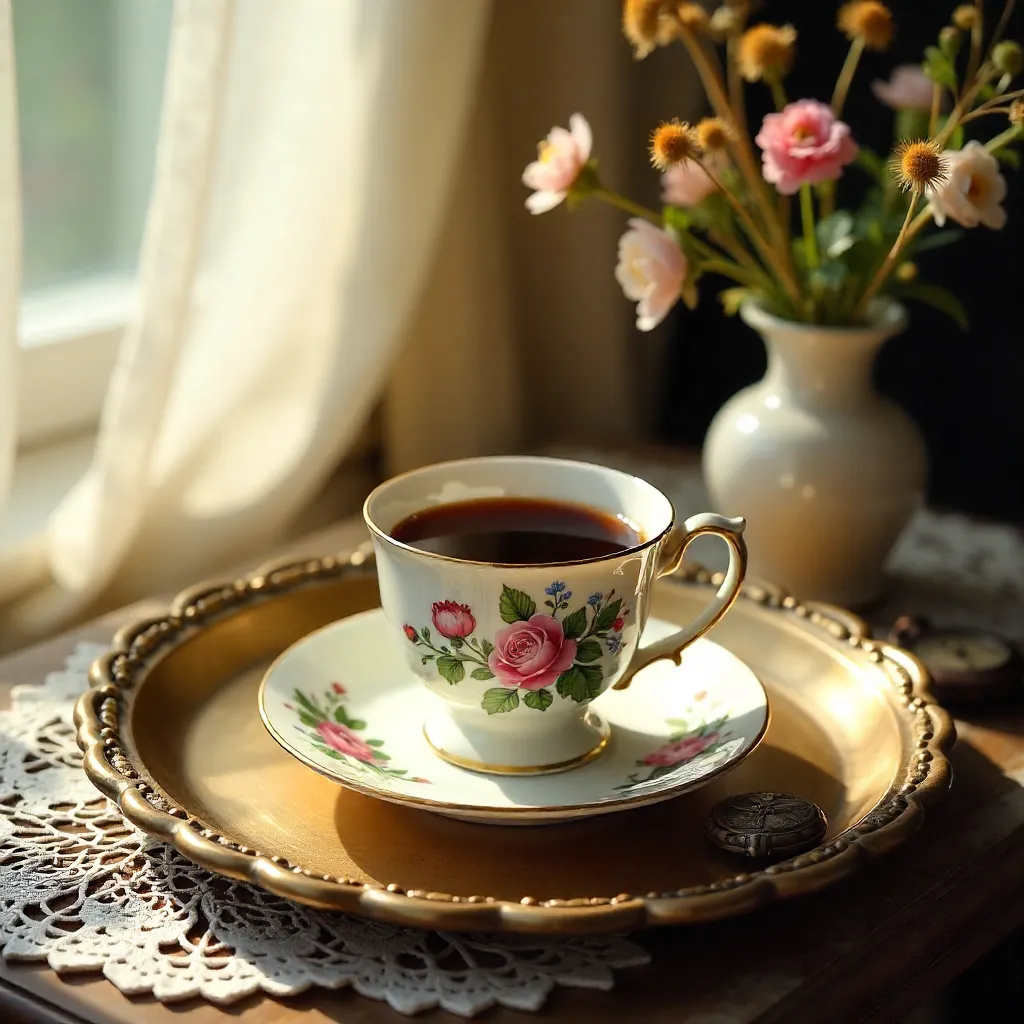 Floral Coffee on a Vintage Tray Still Life