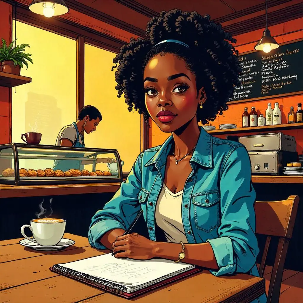 Caffeinated Hero: Young Black Woman in a Comic Coffee Shop