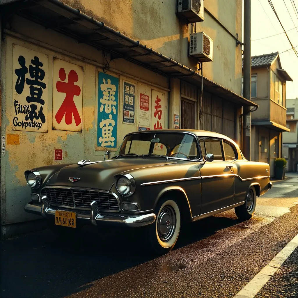 Classic Car Beside a Wall of Vintage Japanese Signage