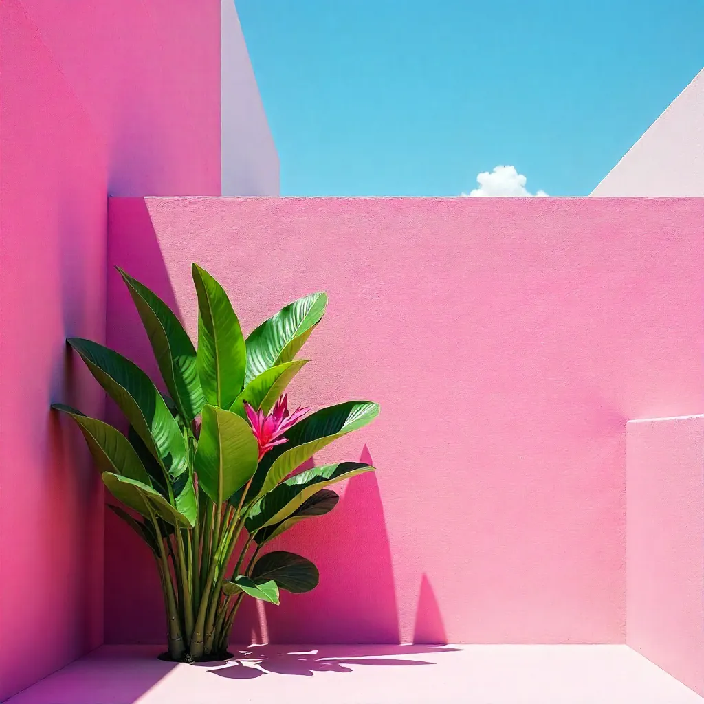 Geometric Pink Wall with Lush Plant and Blue Sky