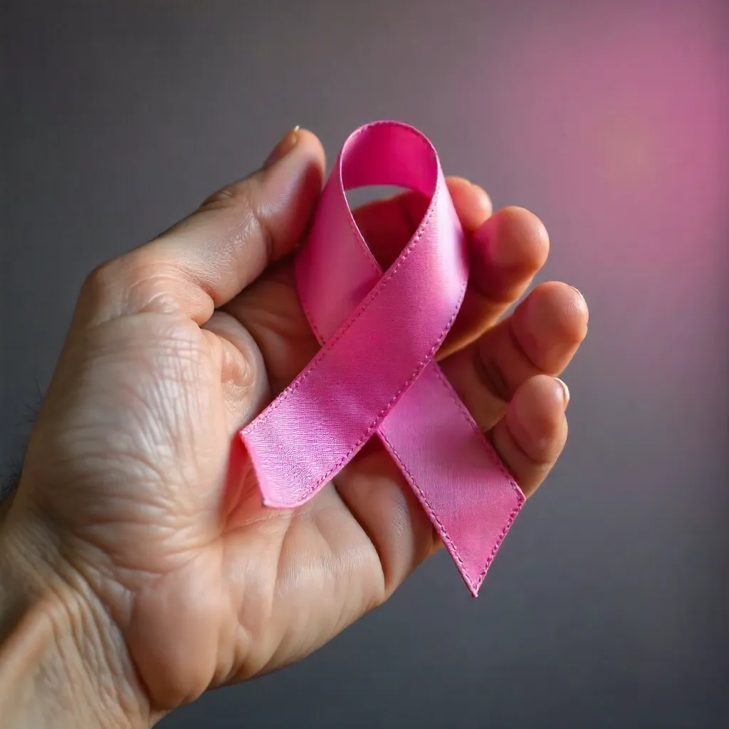 Intimate close-up: hand holding a pink breast cancer ribbon
