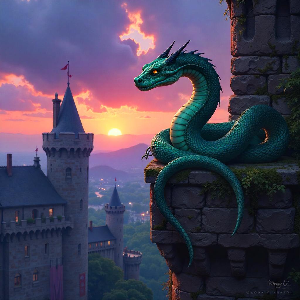 Sinuous Snake on Castle Battlements - Digital Fantasy Art