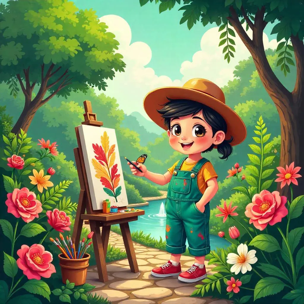 Whimsical Cartoon Artist in a Lush Botanical Garden