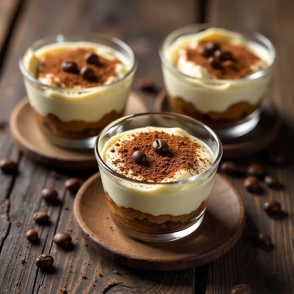 Top-Down Tiramisu in Glass Bowls on Rustic Table