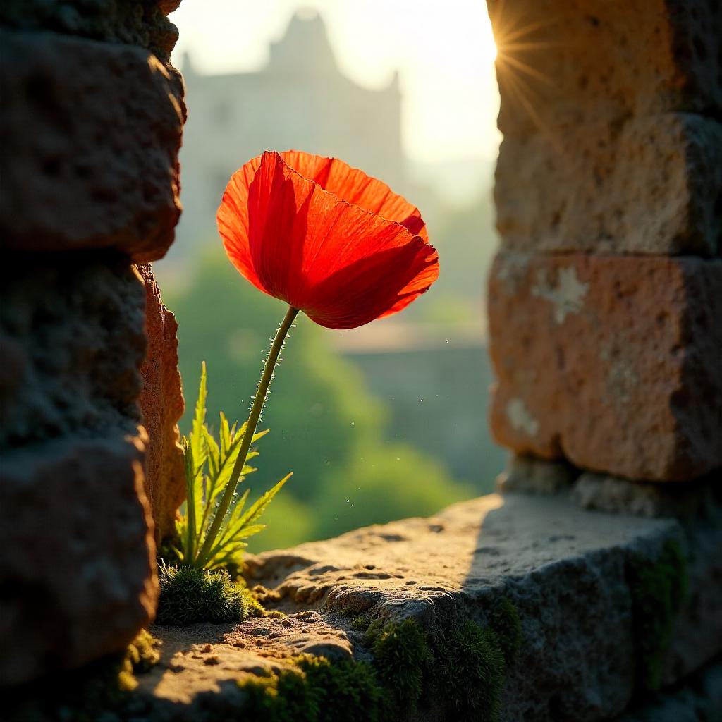 Photorealistic Flower in a Medieval Tower Window