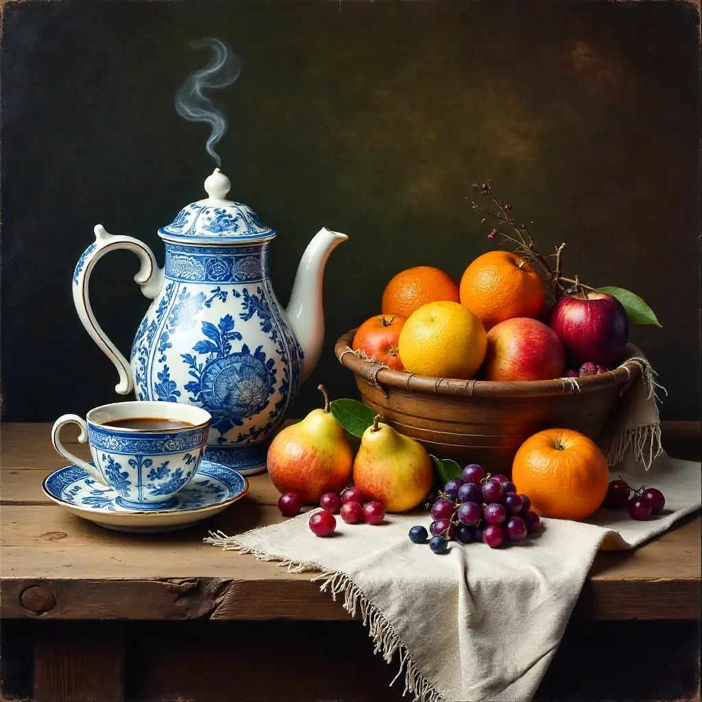 Rustic Still Life: Coffee, Fruits, and Patterned Teapot