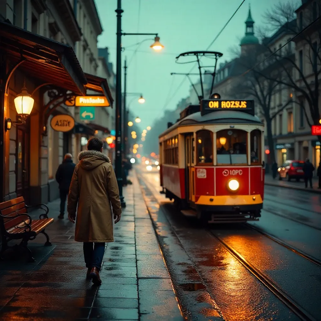 Beige-Coat Walk toward a Vintage Red Tram