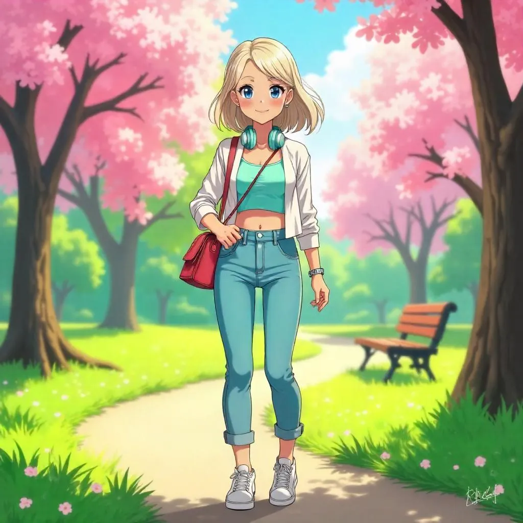 Stylish Anime Park Girl in Spring Light