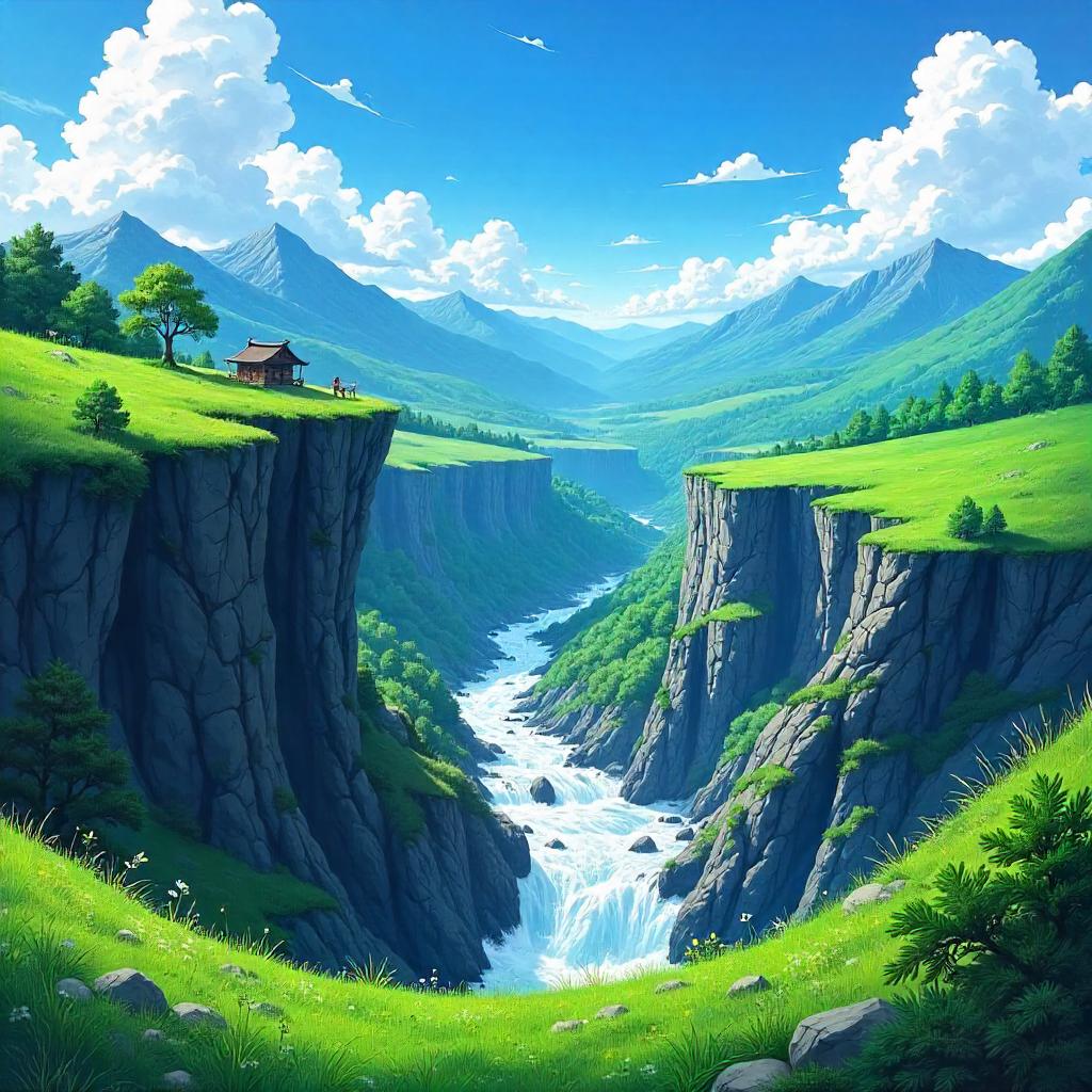 Rushing River at the Edge of an Anime Plateau