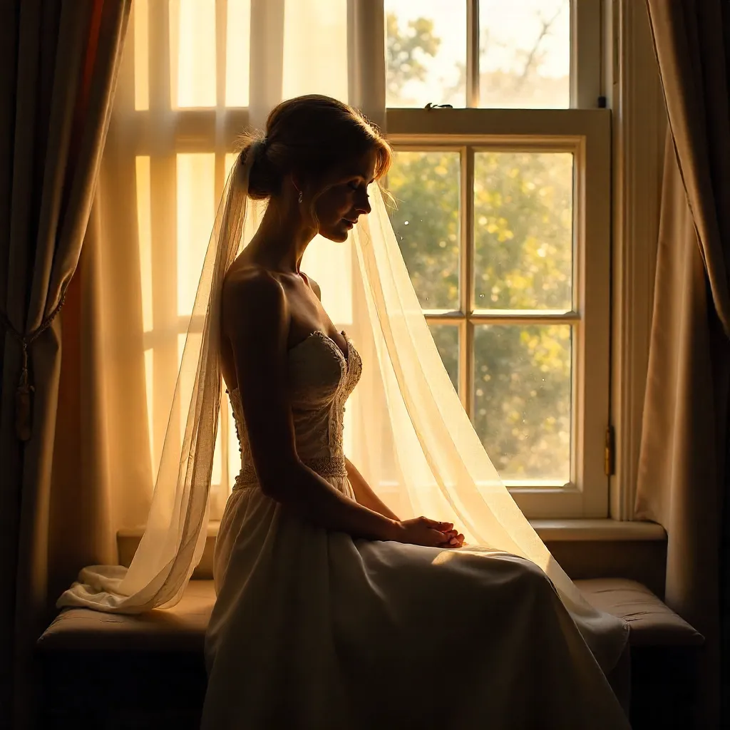Silhouette of a Bride by Window in Soft Light