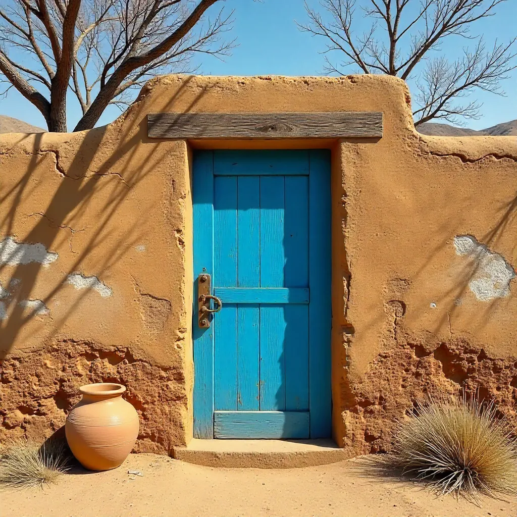 Blue Door in a Rustic Mud Wall under Bare Trees