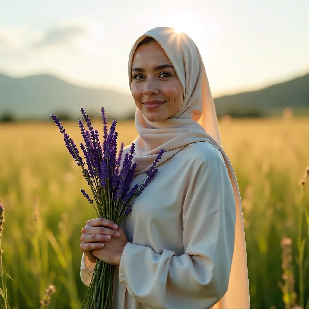 Sunlit Hijab and Lavender Bouquet in a Meadow