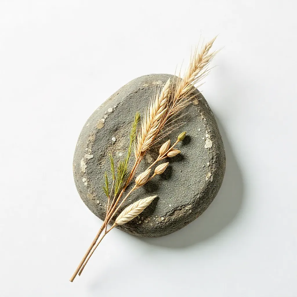 Minimalist Flat Lay: Rock with Dried Plants
