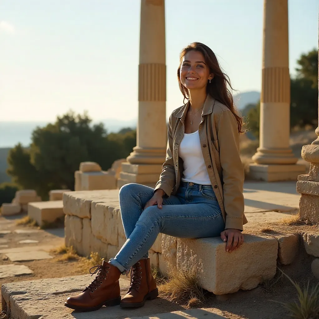 Relaxed Woman on Cyprus Ruins in Boots