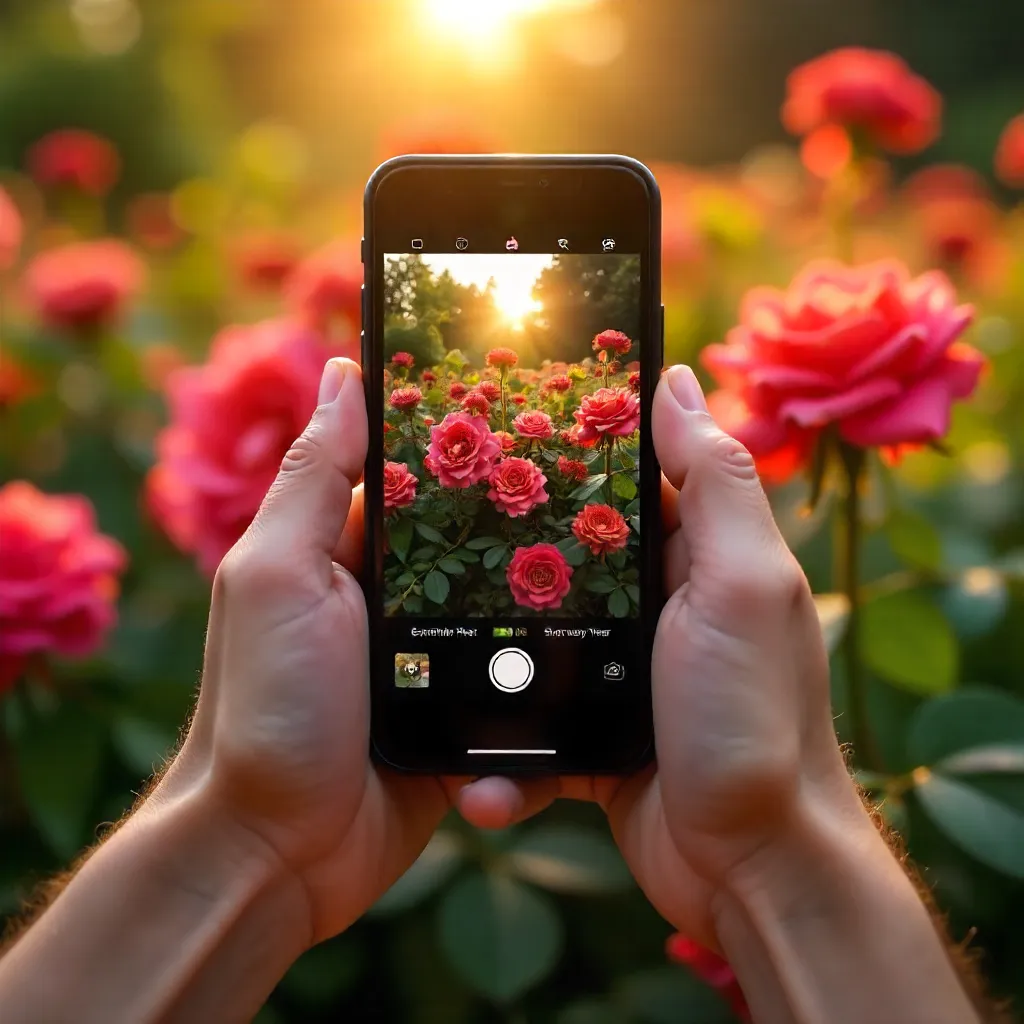 Hands with Smartphone Photographing a Sunlit Rose Garden
