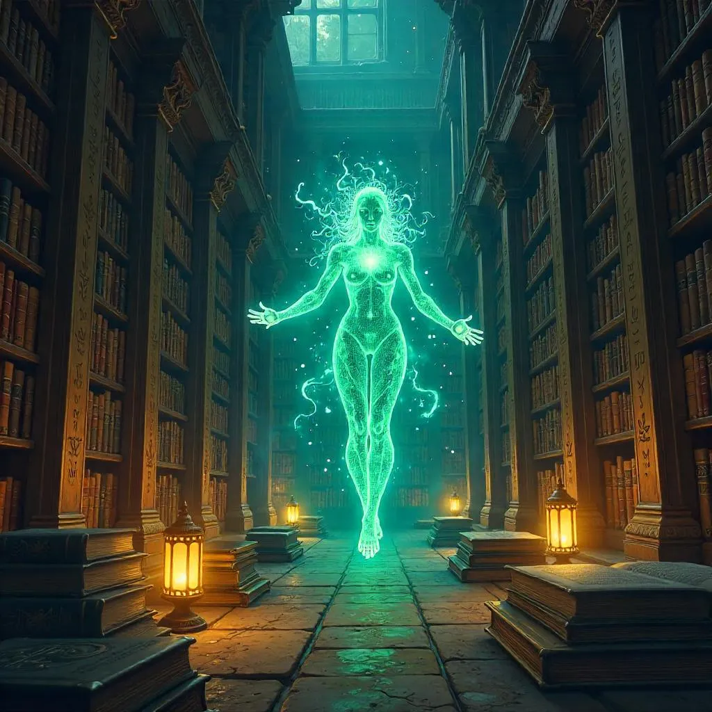 Energy Being in an Ancient Library - Anime Style