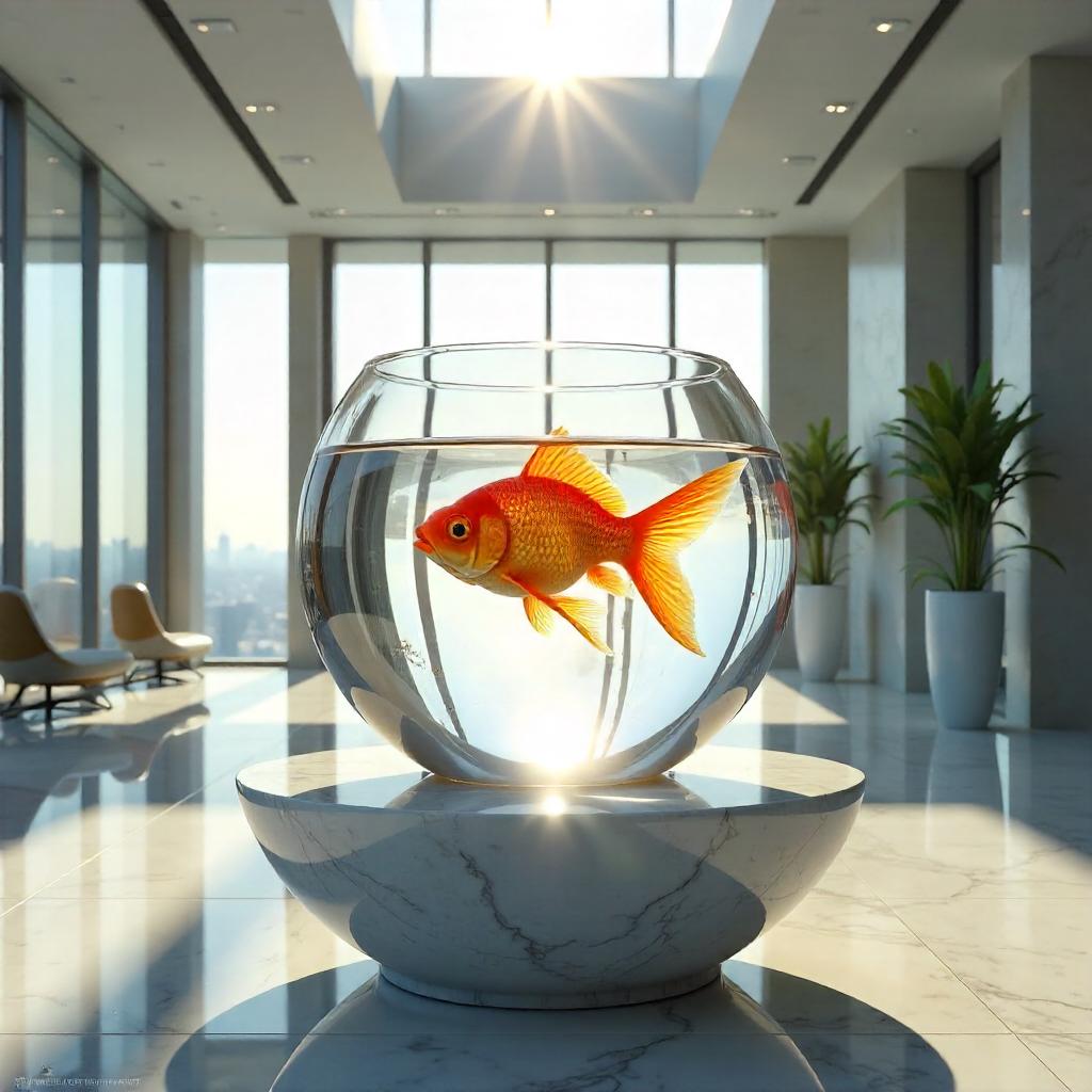 Gilded Goldfish in a Glass Skyscraper Lobby