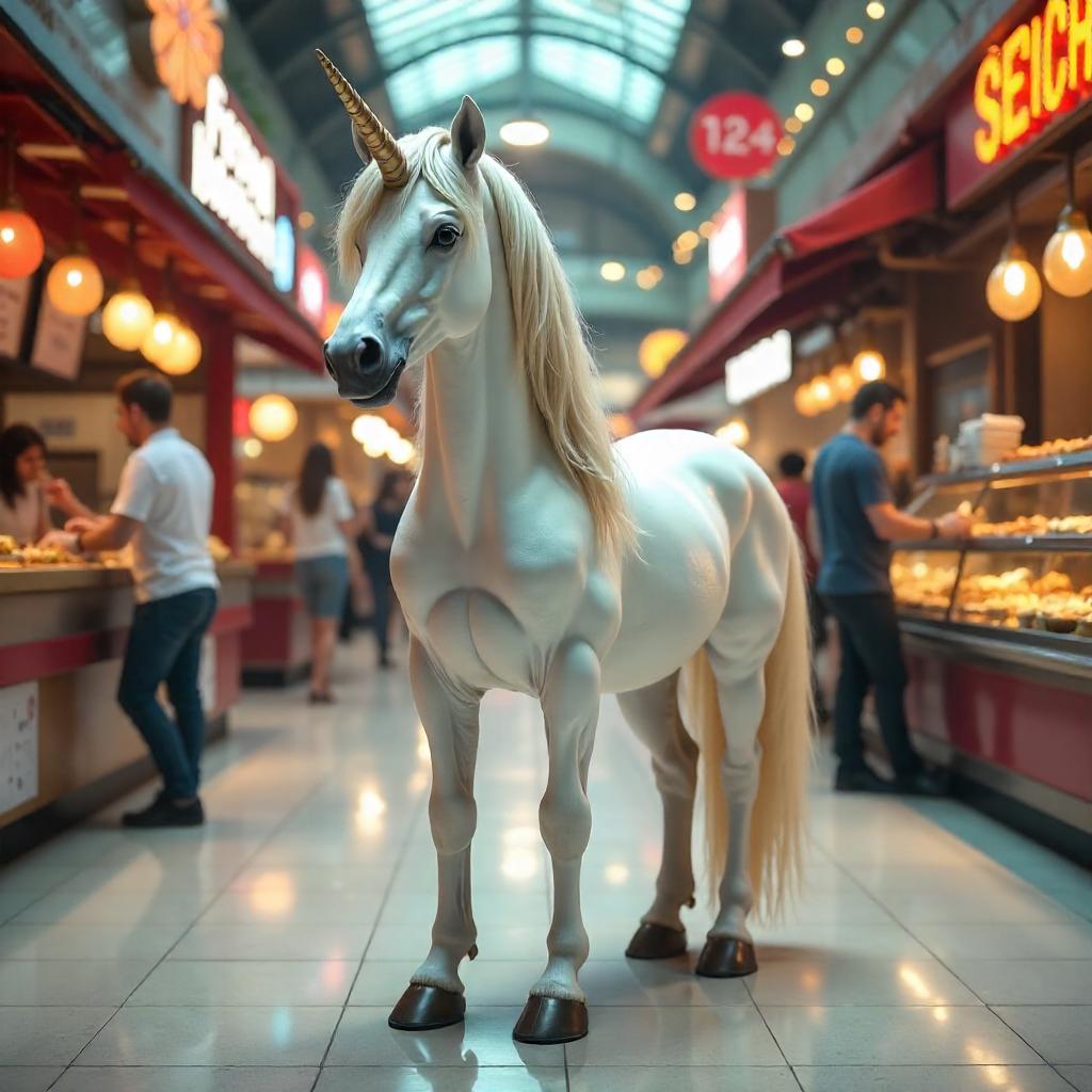 Glowing Unicorn in a Busy 3D Food Court
