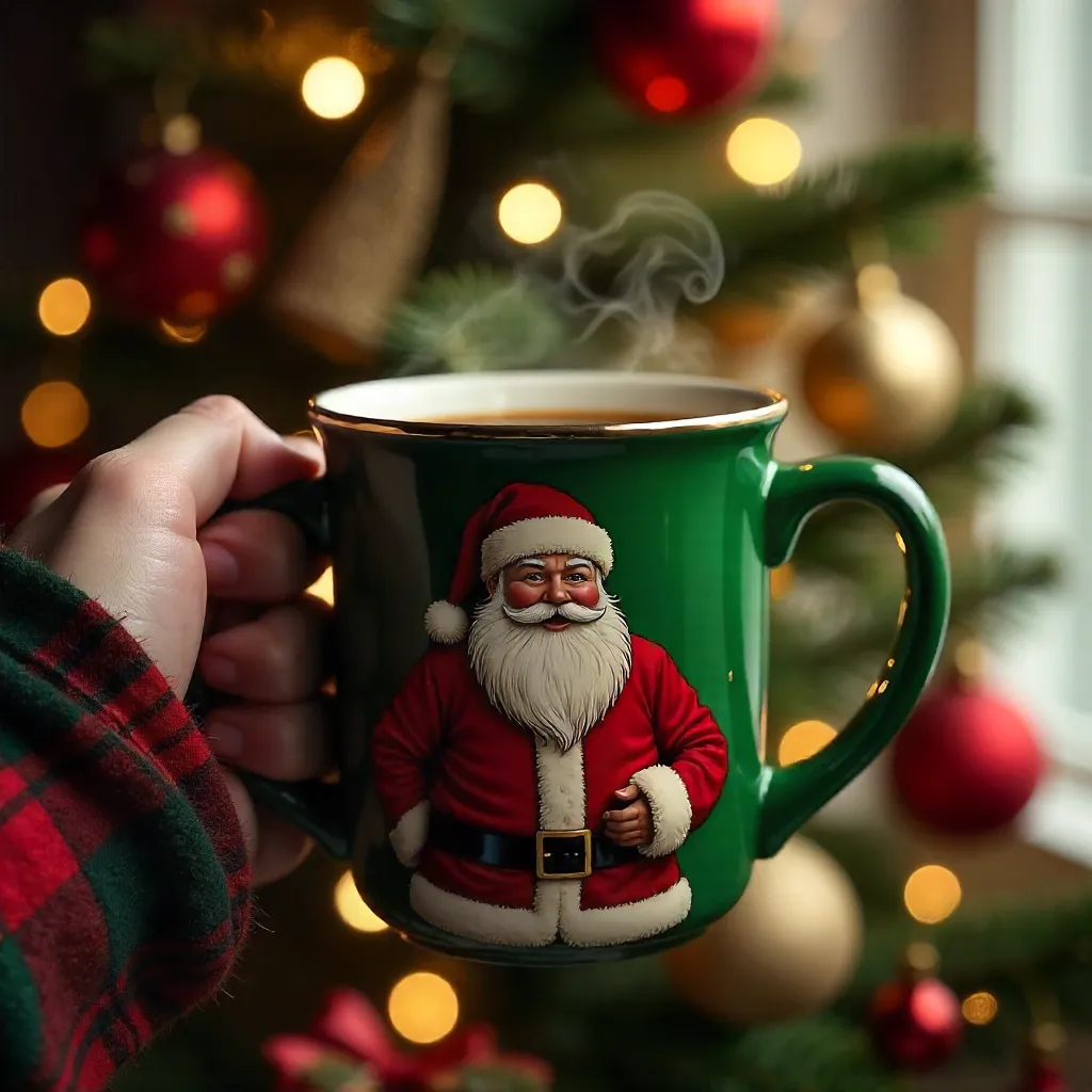Green Santa Mug Before a Sparkling Christmas Tree