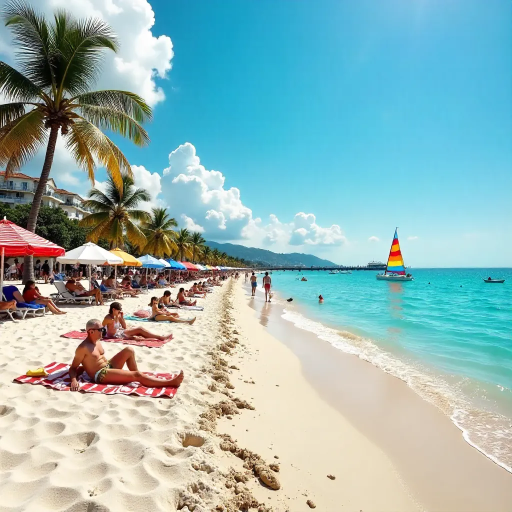Vibrant Beach Day: Sailboats, People & Cars