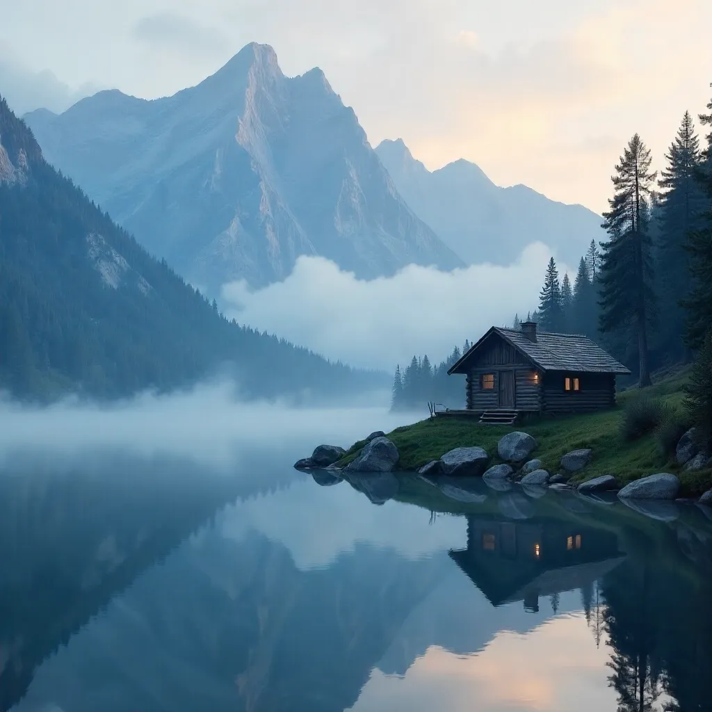 Solitary Cabin Amid Misty Mountains and Calm Lake