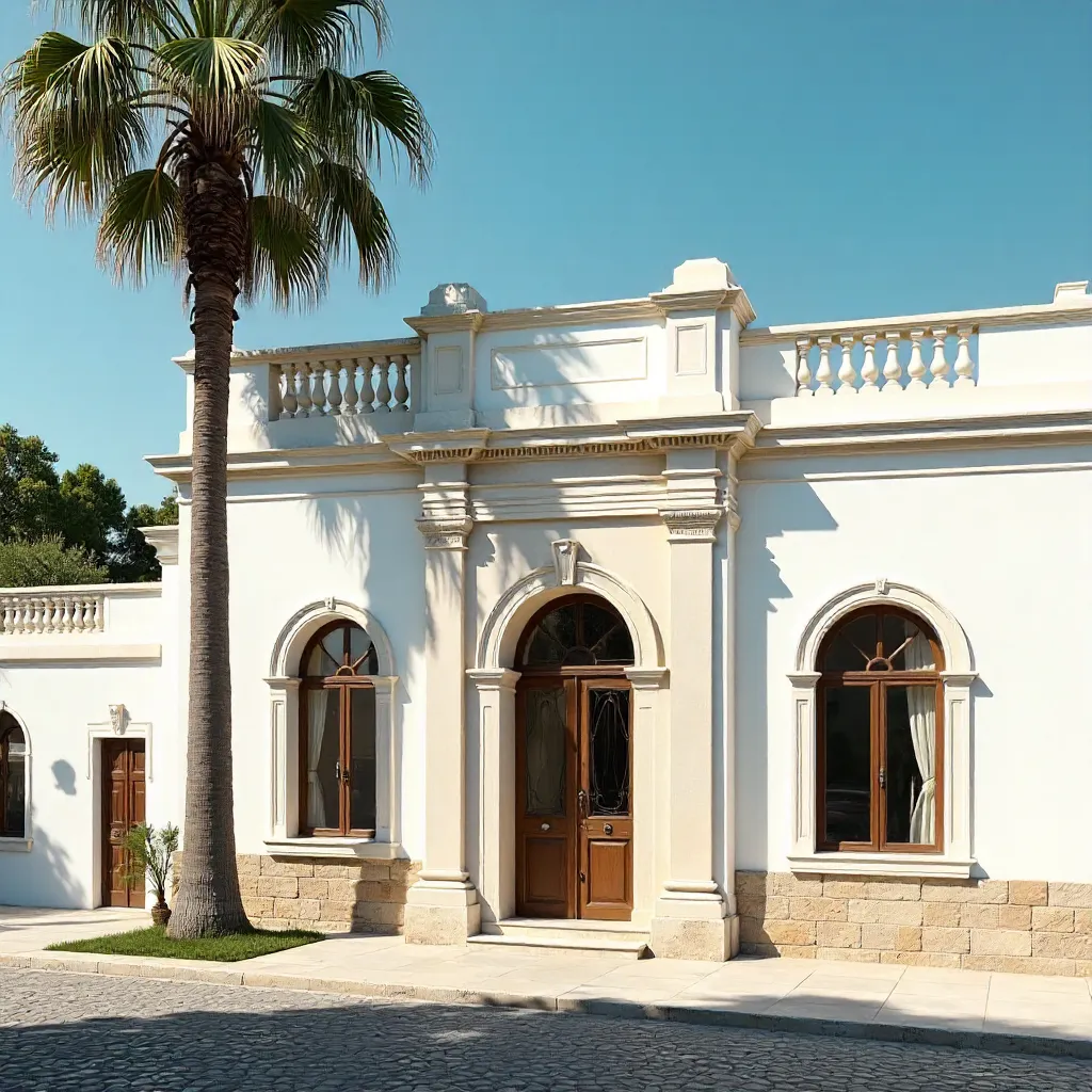 Elegant Palm-Tree Facade under Clear Blue Sky