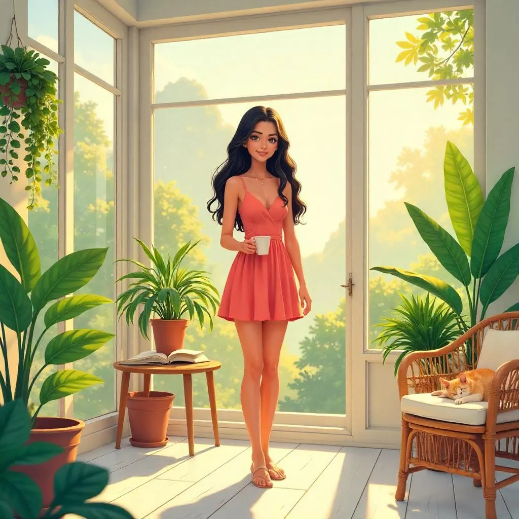 Sunlit Latina in a Dreamy Sunroom (Anime Style)