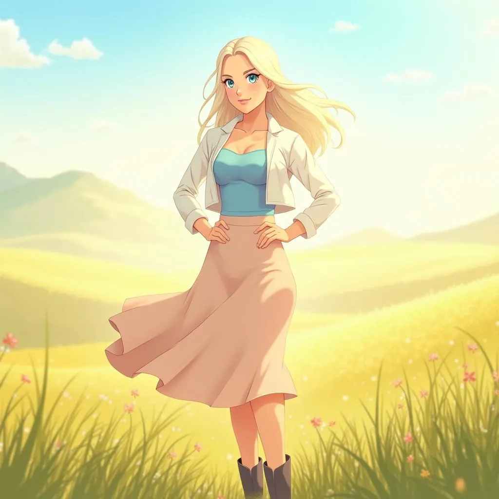 Confident White Woman in a Meadow - Anime Style