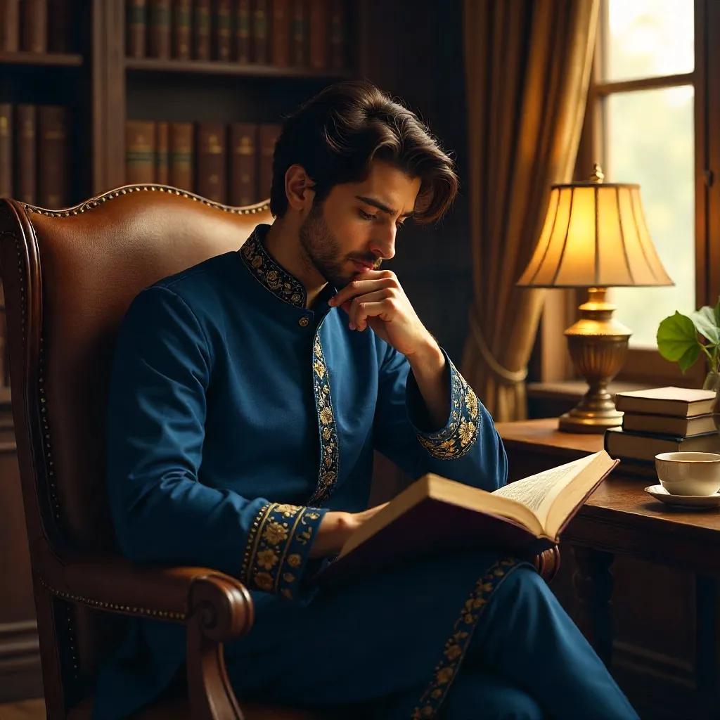 Thoughtful Reading: A Young Man in Traditional Attire