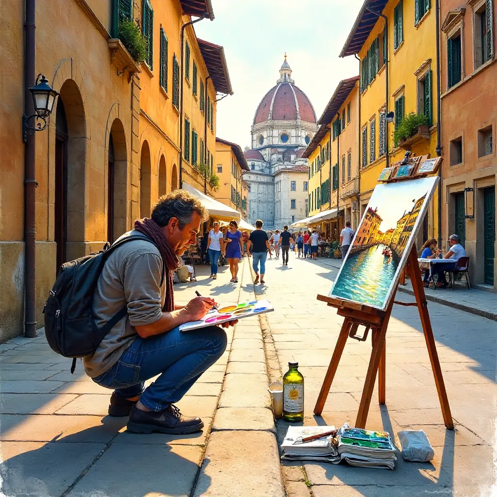 Watercolor Florence: Street Artist by the Arno