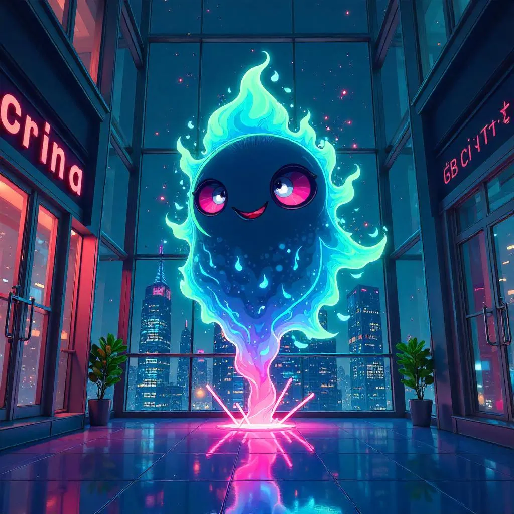 Energetic Cartoon Energy Being in a Skyscraper Atrium