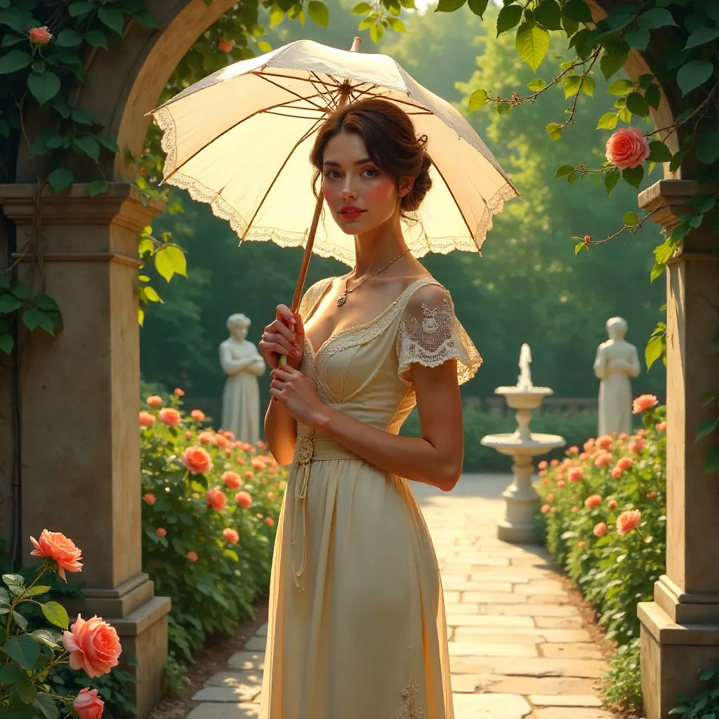 Parasol in a Lush Garden: A Vintage Romantic Portrait