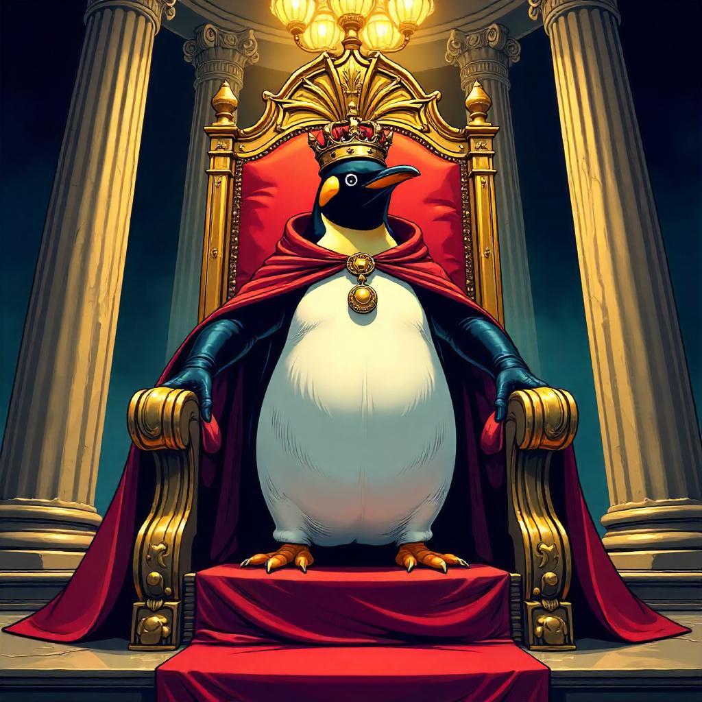 Penguin Overlord in a Comic Throne Room