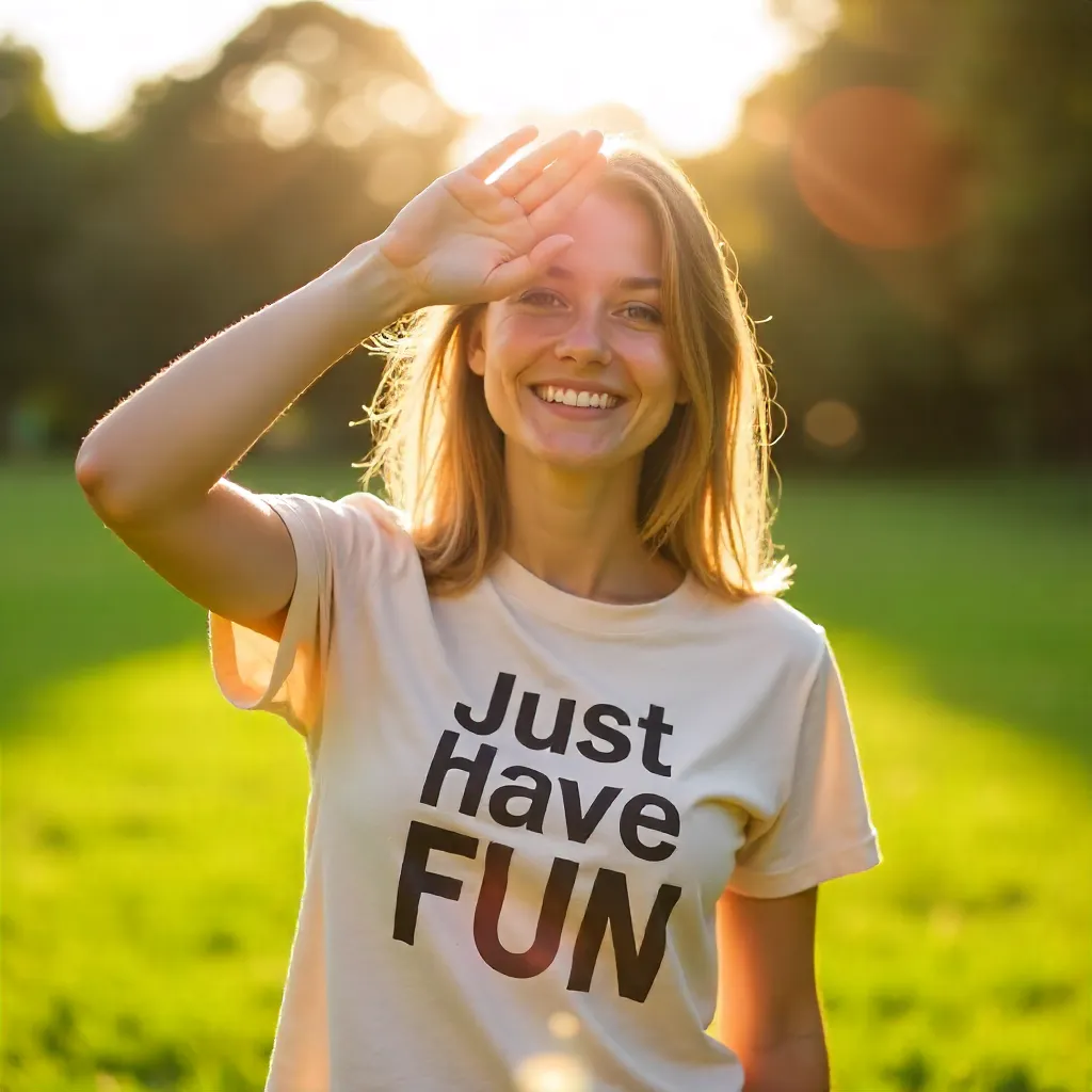 Sunlit Moment: Woman Blocking Sun in Just Have Fun Tee