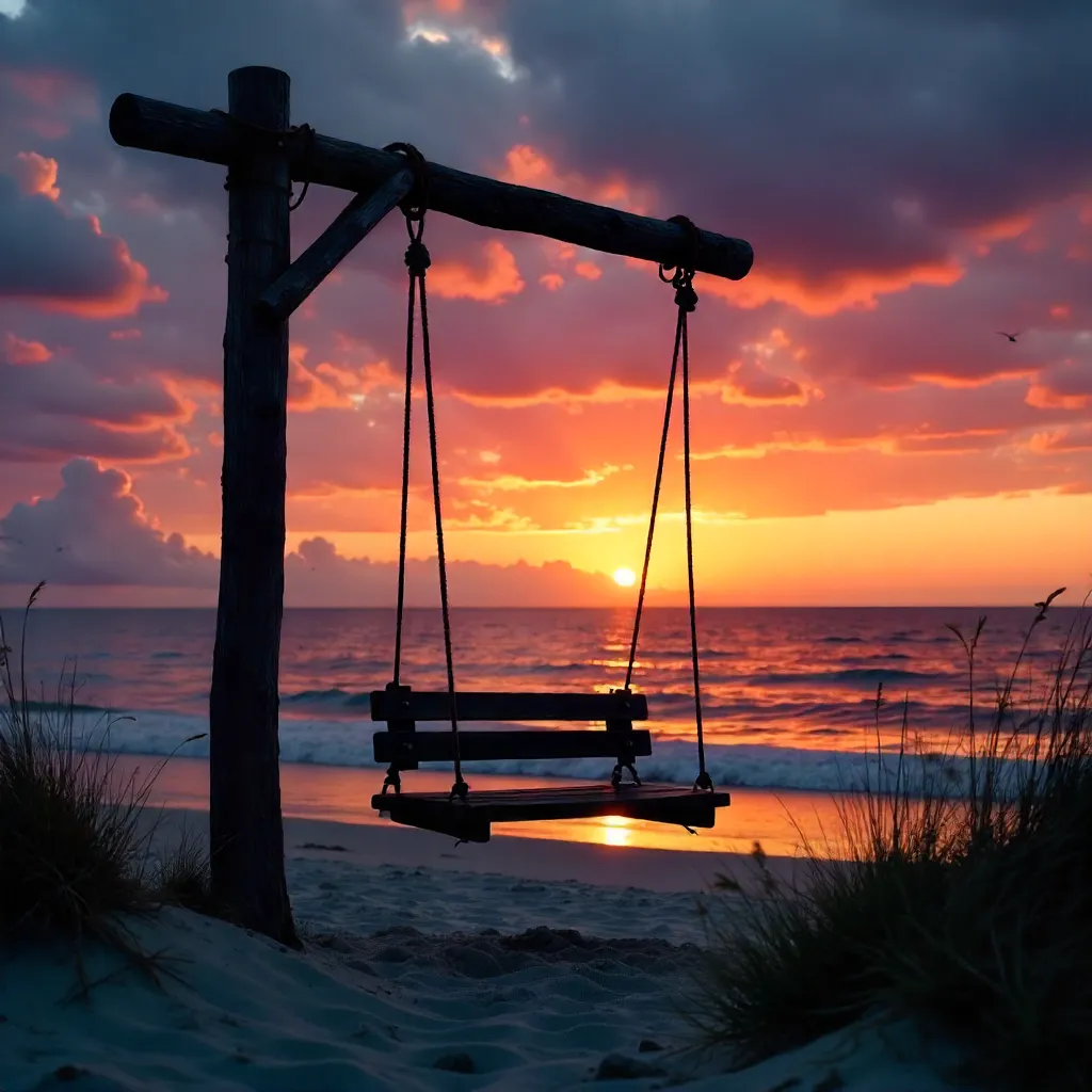 Silhouette Swing at Sunset on Quiet Beach