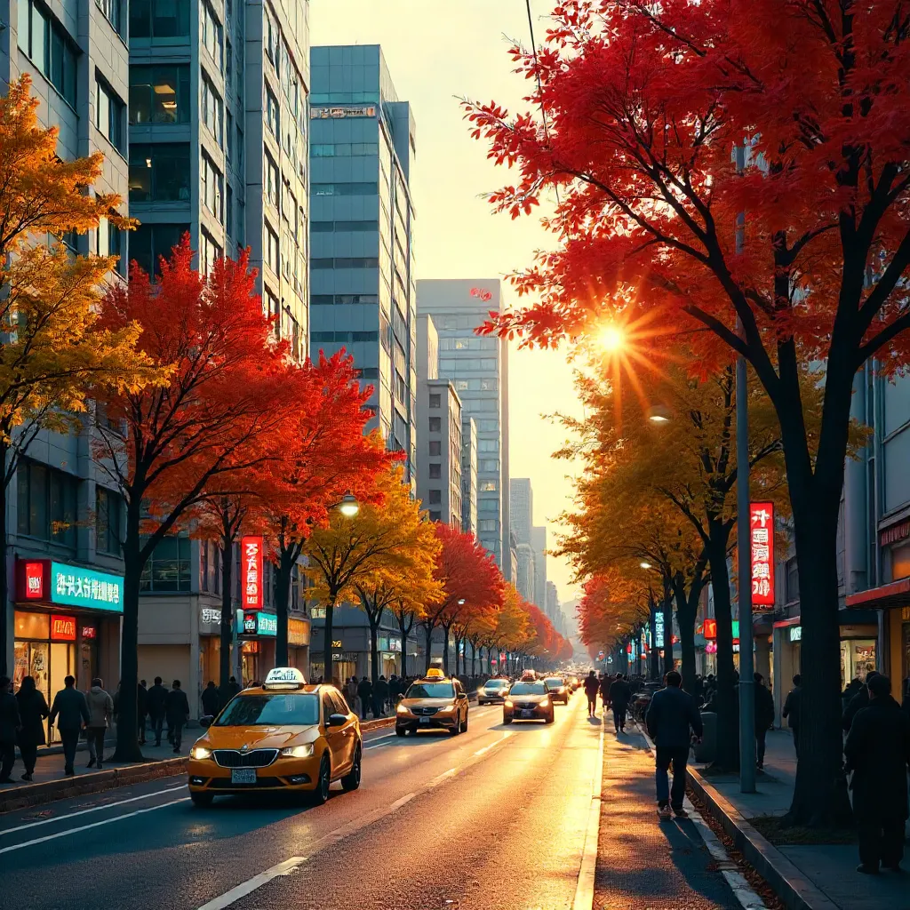 Autumn Trees Along Tokyo Streets Amid Skyscrapers