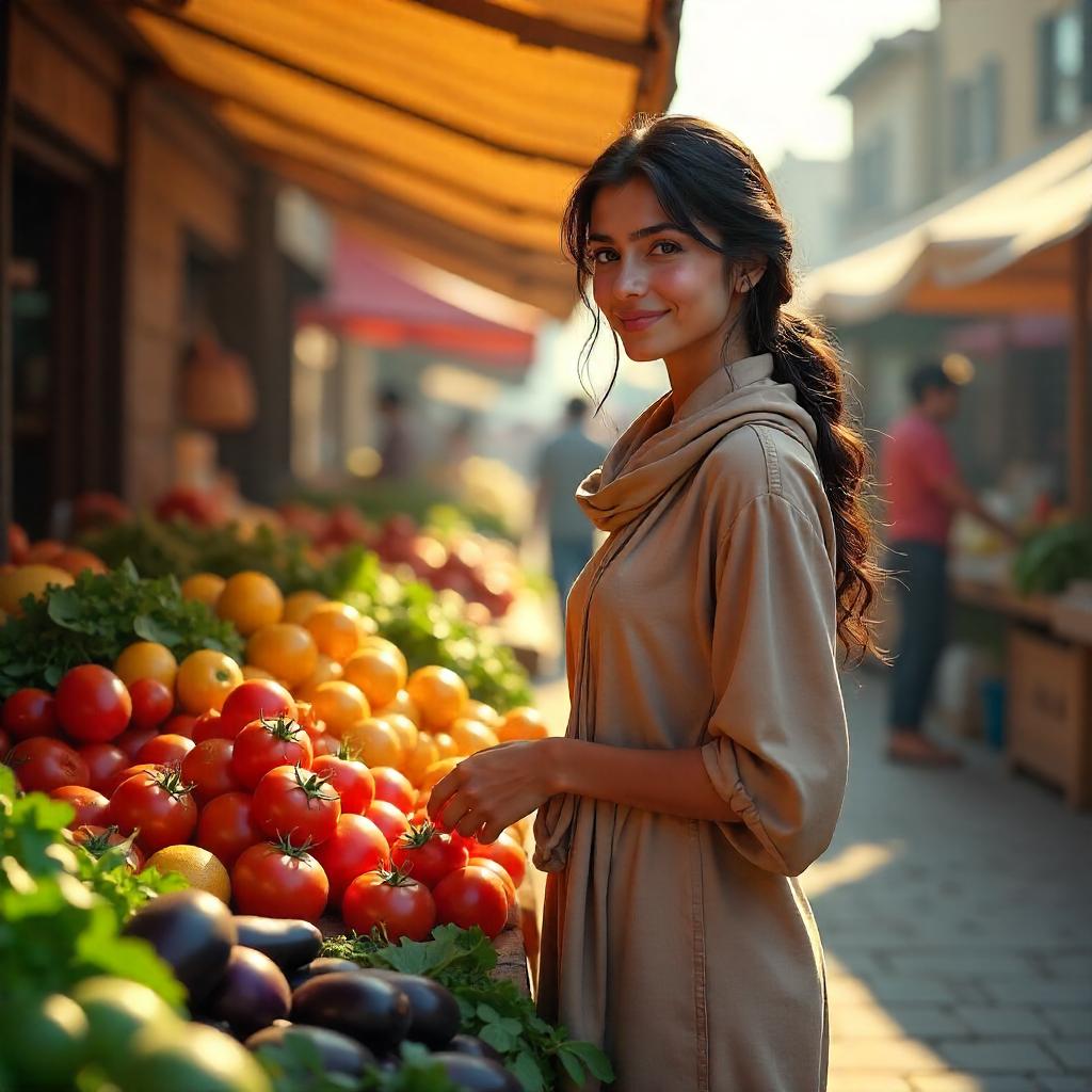 3D Render: Young Middle Eastern Woman at a Farmers Market