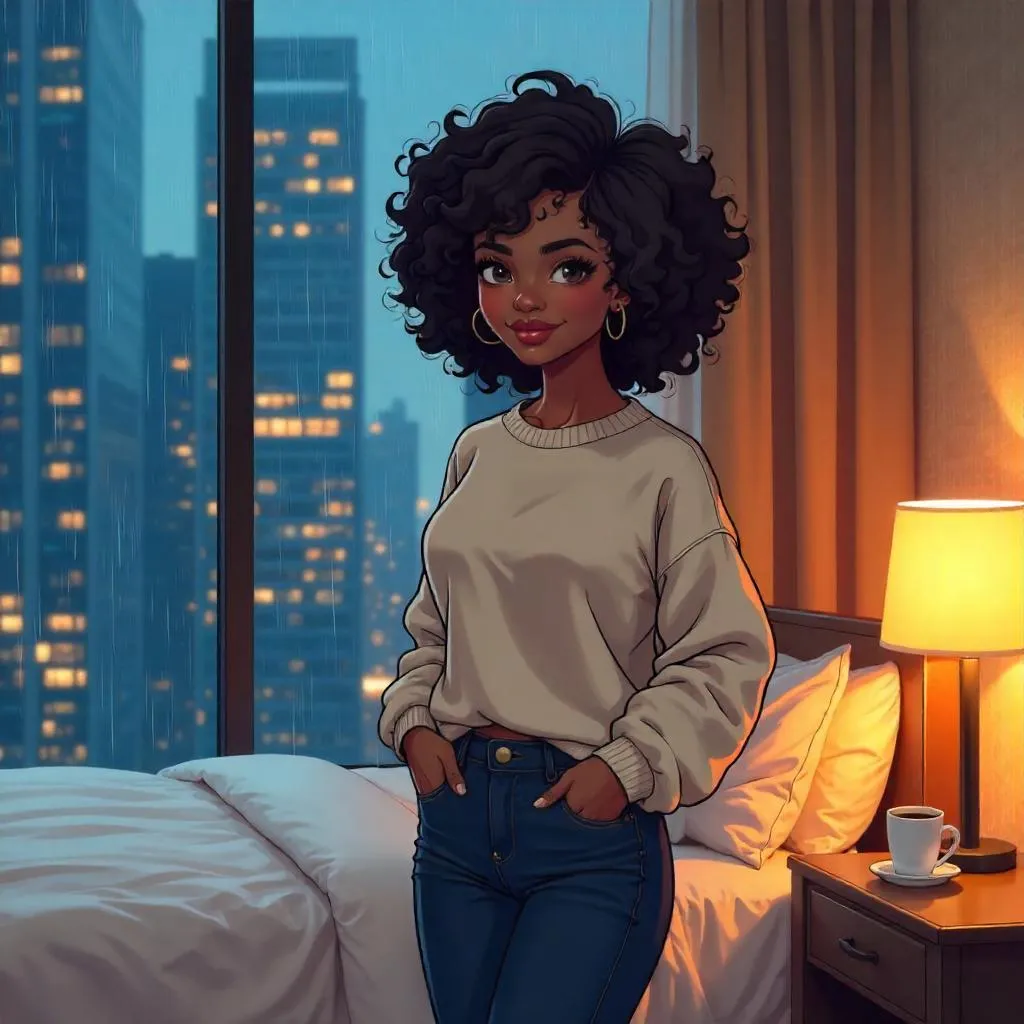 Anime Portrait of a Young Black Woman in a Hotel Room