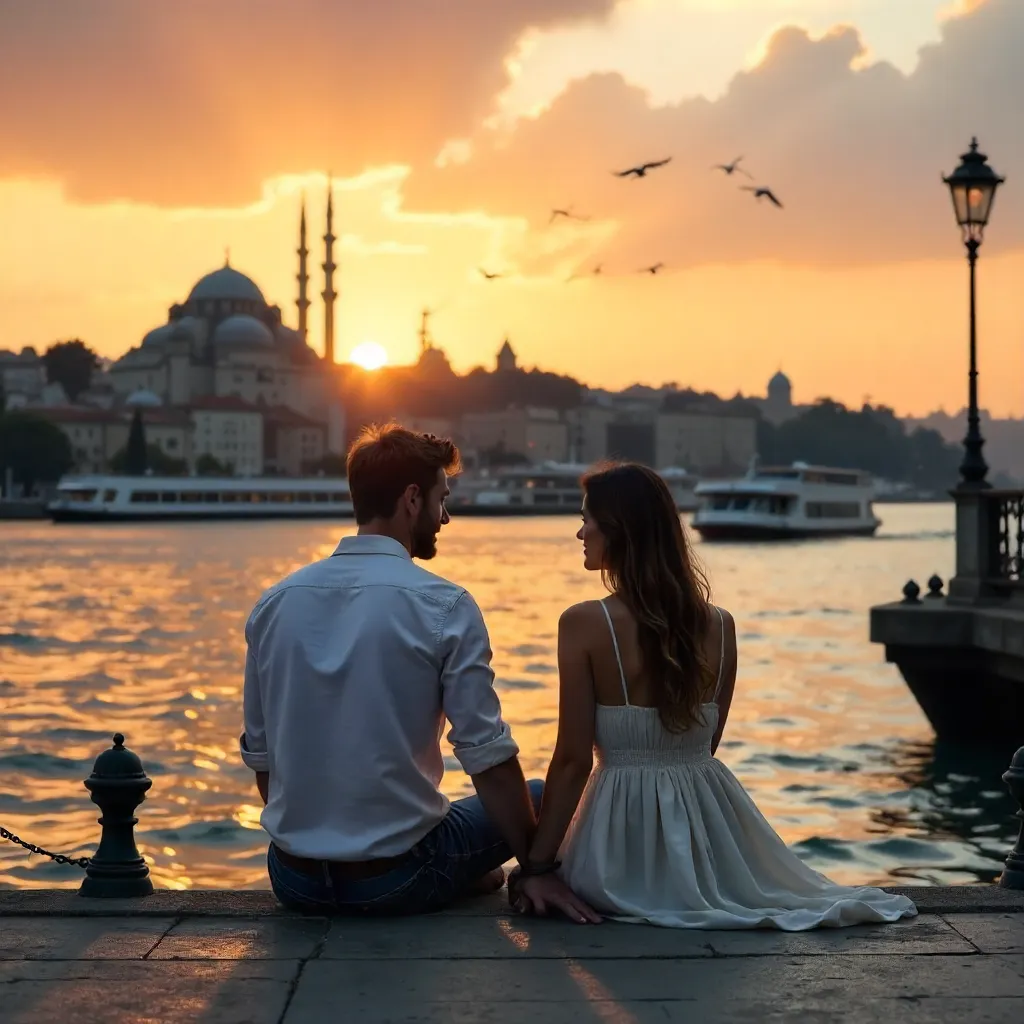 Couple at Sunset by the Bosphorus with Mosque Silhouette