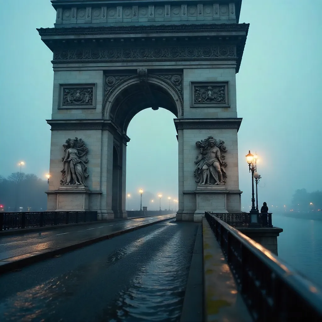 Blue Hour Arch: Paris Bridge in Mist
