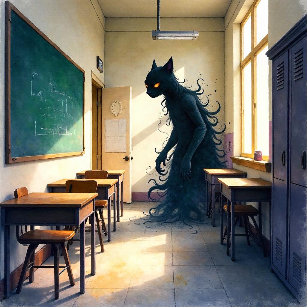 Shadow Creature in a Watercolor School Corridor