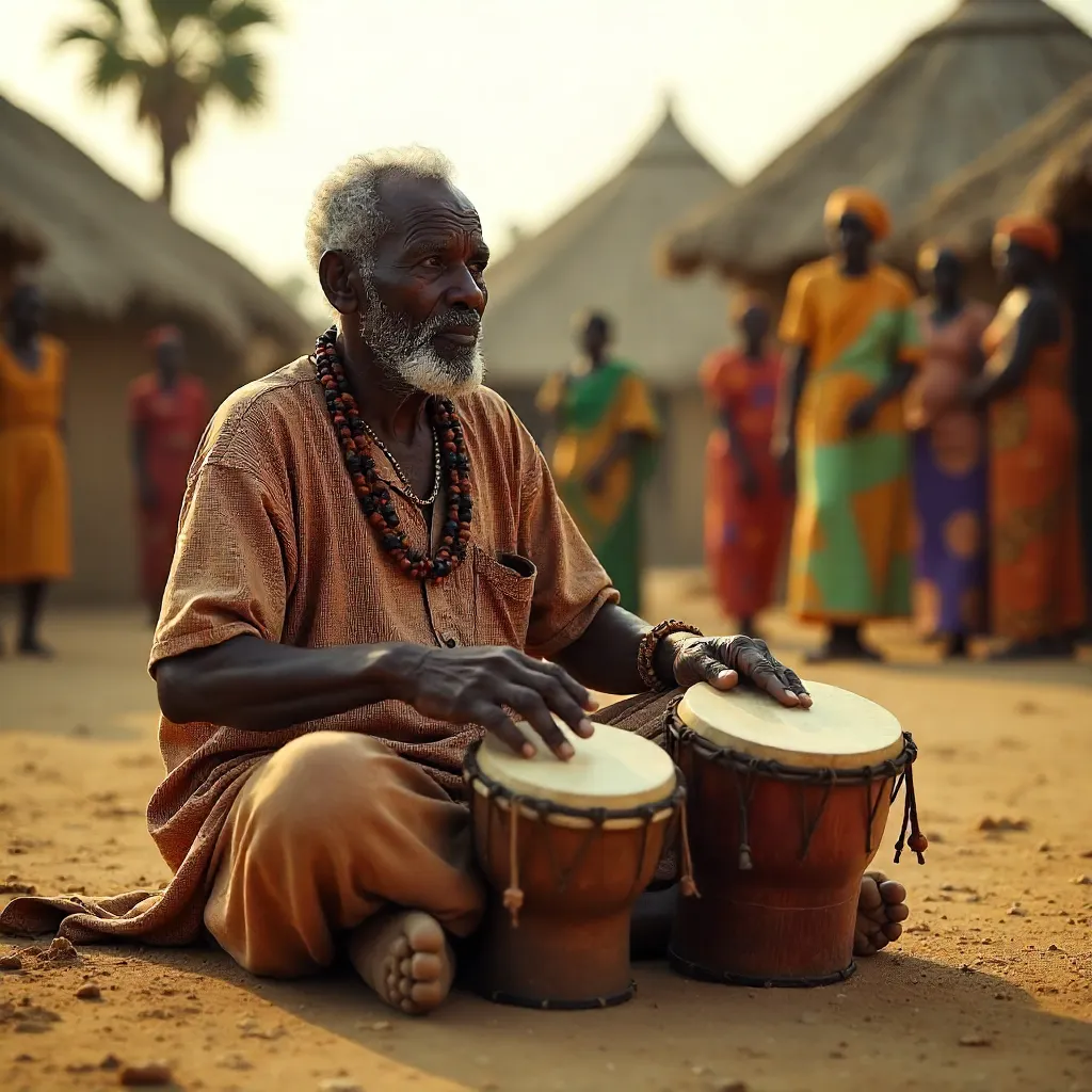 Elderly Nigerian Drummer with Talking Drums Outdoors